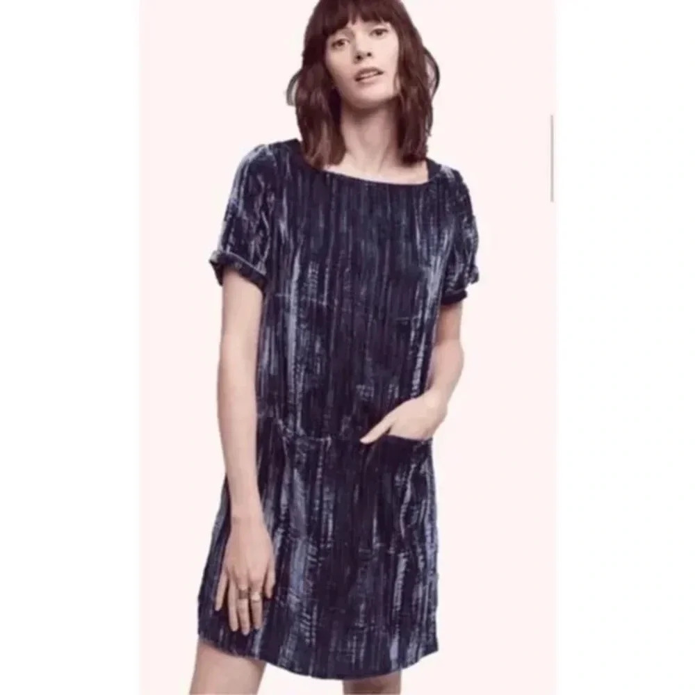 Anthropologie Floreat Blue Velvet Crinkle Short Shift Dress Size XS Pockets
